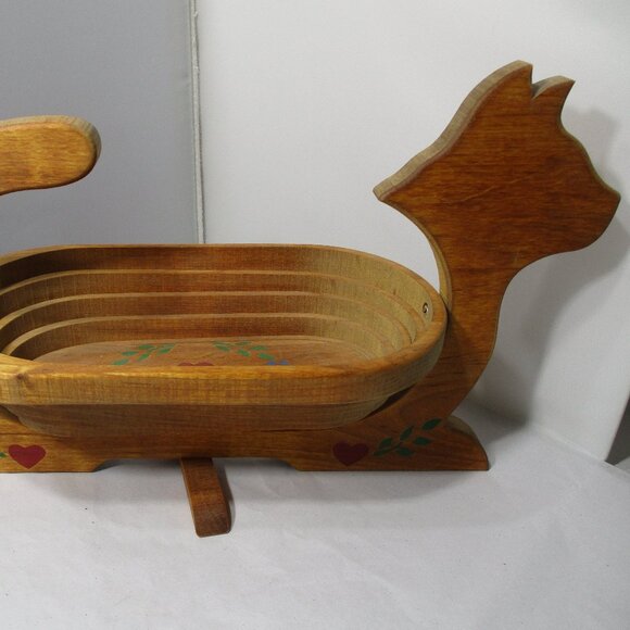 Vintage Folk Art Handcrafted Collapsible Wood Cat Shaped Wooden Basket Bowl - Picture 9 of 10